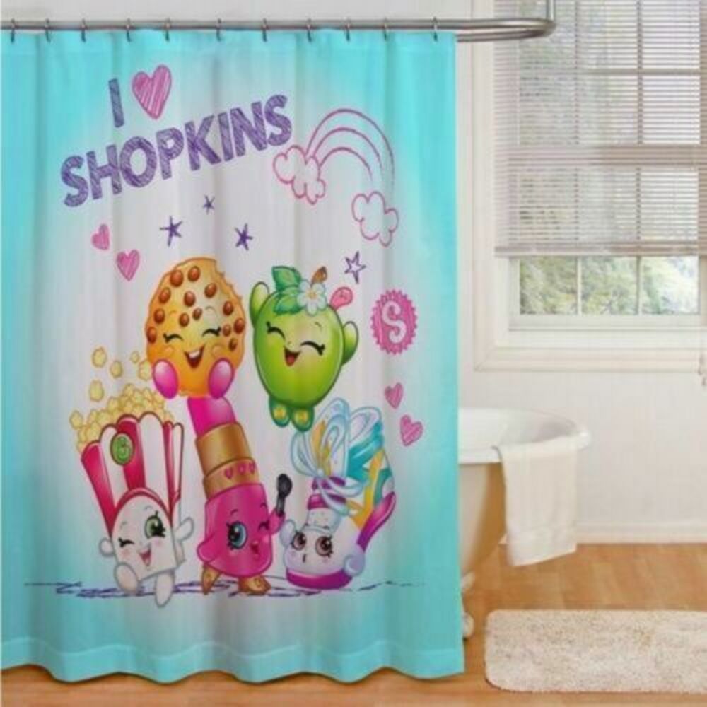 I Love Shopkins Fabric Shower Curtain and Matching Hooks Kids Children 72x72"
